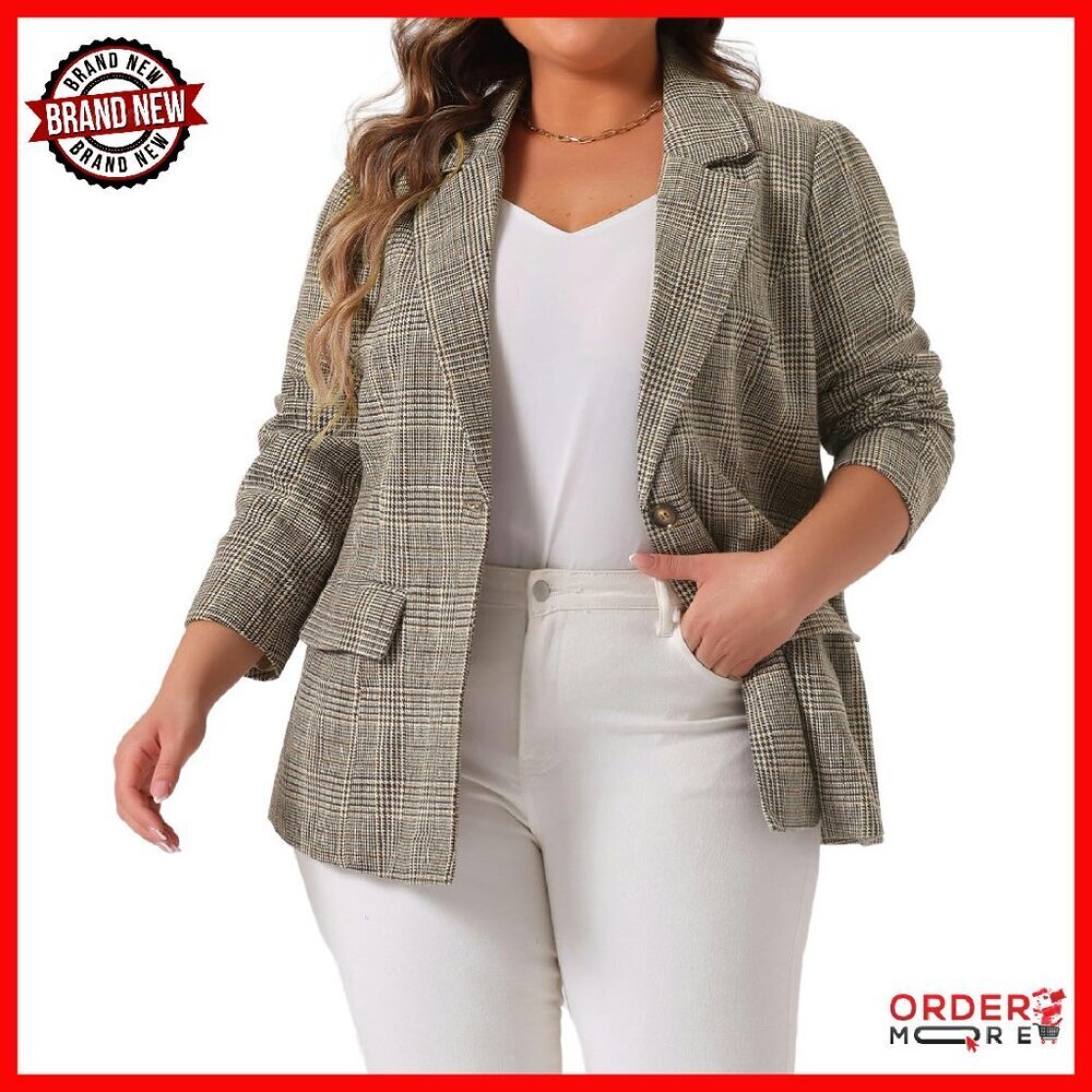 Plus Size Plaid Blazer Notched Lapel Long Sleeve Business Casual